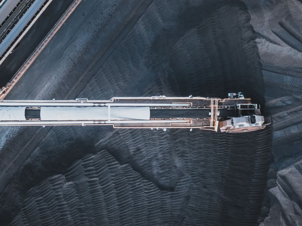 Coal moving on conveyor belts at a coal handling plant