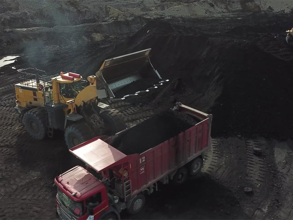 Excavators loading coal at an industrial port